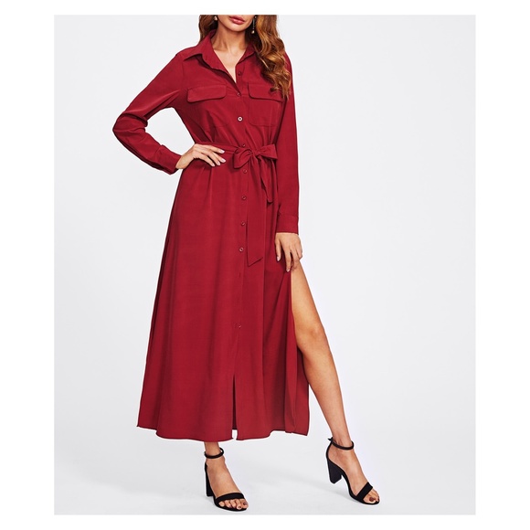 Burgundy Red Button Down Shirt Maxi Dress - Picture 4 of 5